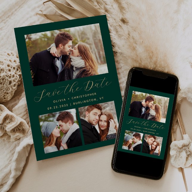 Minimal 3-Photo Collage Emerald Green Gold Save The Date (Creator Uploaded)