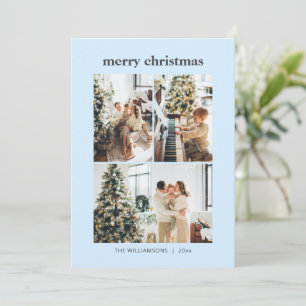 Minimal 3 Photo Collage Merry Christmas Light Blue Holiday Card