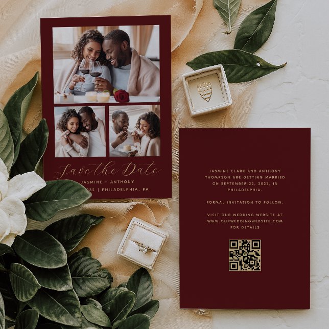 Minimal 3-Photo Collage QR Code Burgundy Gold Save The Date (Creator Uploaded)