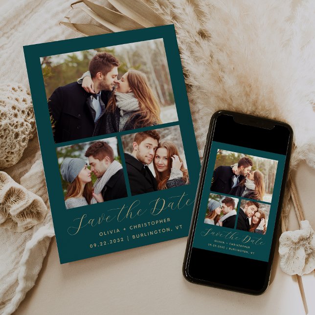 Minimal 3-Photo Collage Teal Blue Gold Save The Date (Creator Uploaded)