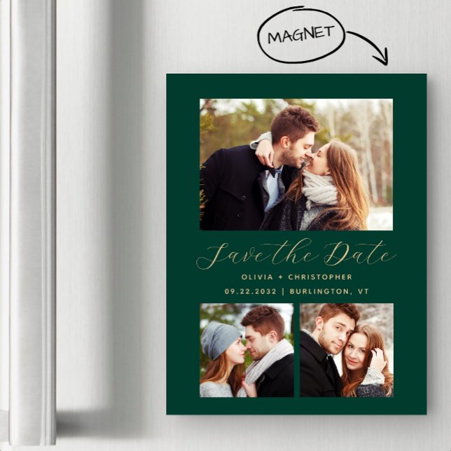 Minimal 3-Photo Emerald Green Gold Save the Date Magnetic Invitation (Creator Uploaded)