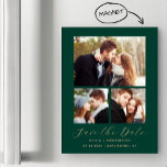 Minimal 3-Photo Emerald Green Gold Save the Date Magnetic Invitation<br><div class="desc">This simple,  minimalist Save the Date magnetic card features a collage of one horizontal photo and two smaller square photos above the words "Save the Date" in elegant gold-coloured handwriting script,  followed by the couple's names,  wedding date and city in sans serif font on an emerald green background.</div>