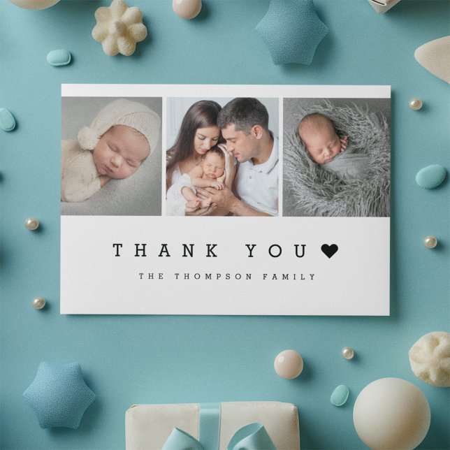 Minimal 3 Photo With Heart New Baby  Thank You Card (Simple baby boy photo thank you card with heart.)