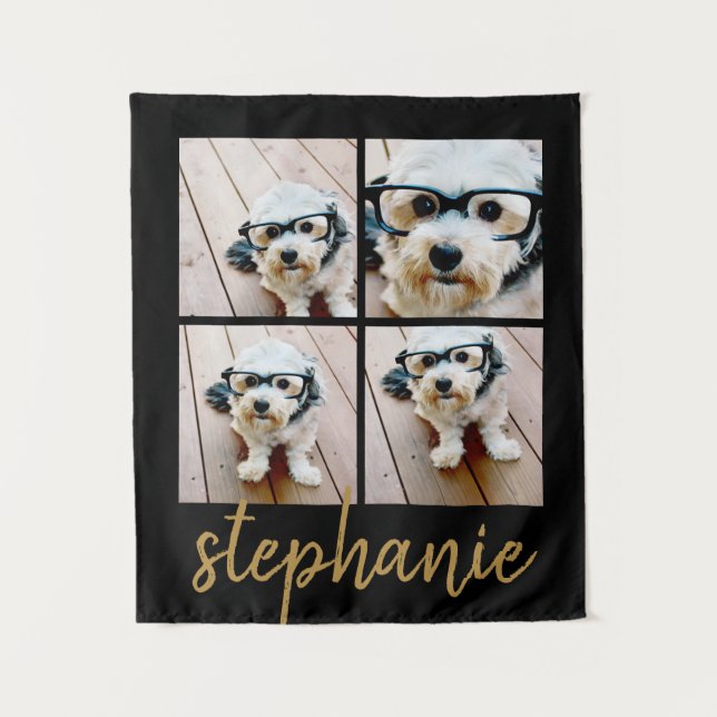 Minimal 4 Photo Collage - Black - Gold Script Text Tapestry (Front)