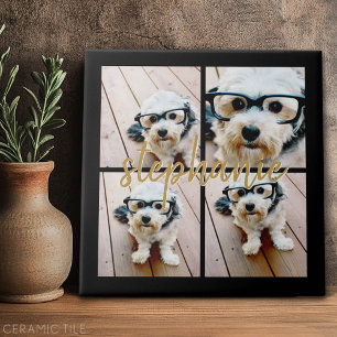 Minimal 4 Photo Collage - Black - Gold Script Text Tile