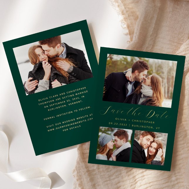 Minimal 4-Photo Emerald Green Gold Save the Date (Creator Uploaded)