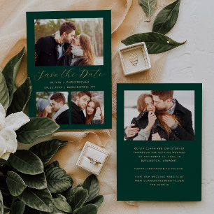 Minimal 4-Photo Emerald Green Gold Save The Date