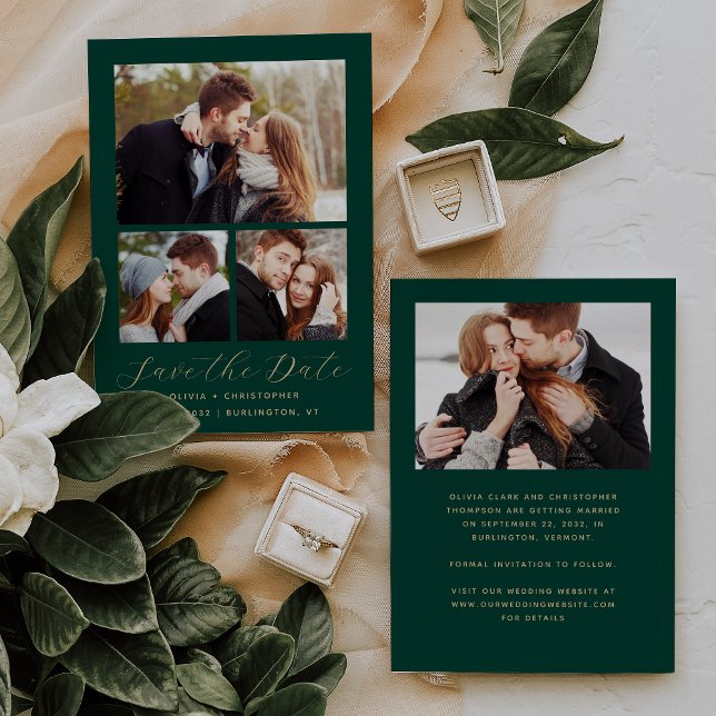 Minimal 4-Photo Emerald Green Gold Save The Date (Creator Uploaded)