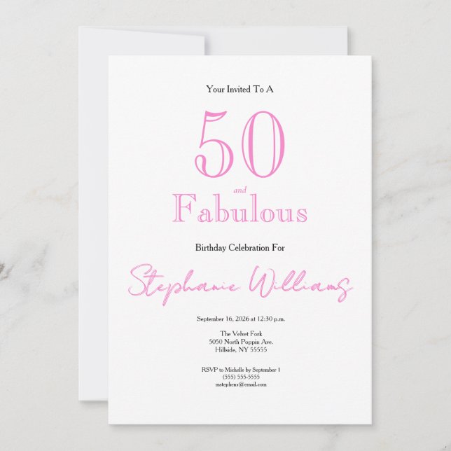 Minimal 50 and Fabulous Pink 50th Birthday Invitation (Front)