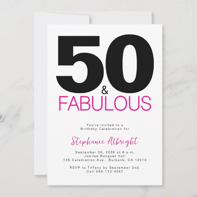 Minimal 50 and Fabulous Pink 50th Birthday Party I Invitation (Front)