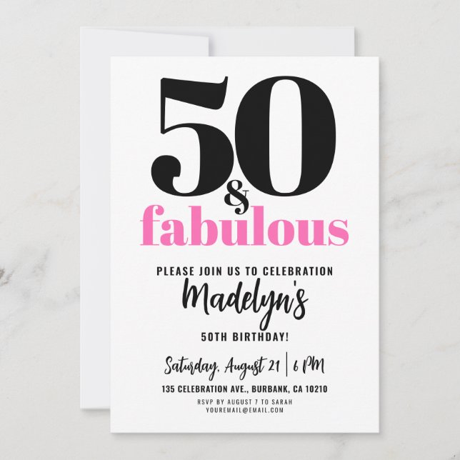 Minimal 50 and Fabulous Pink 50th Birthday Party Invitation (Front)
