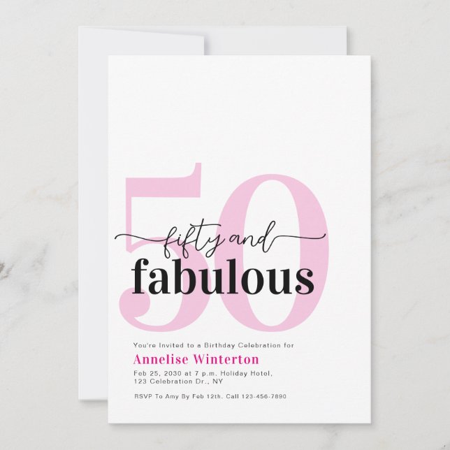 Minimal 50 and Fabulous Pink 50th Birthday Party Invitation (Front)