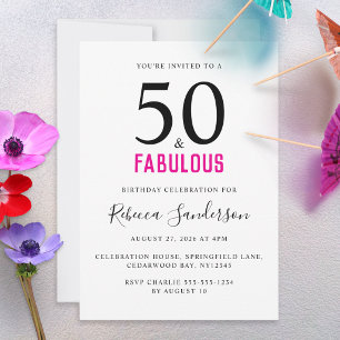 Minimal 50 and Fabulous Pink 50th Birthday Party Invitation