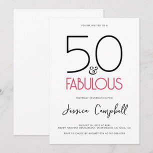 Minimal 50 and Fabulous Pink 50th Birthday Party Invitation