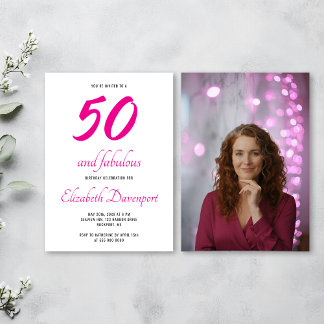 Minimal 50 and Fabulous Pink Photo Birthday Invitation