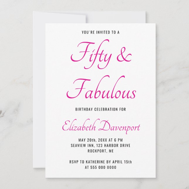 Minimal 50 and Fabulous Pink Photo Birthday Invitation (Front)
