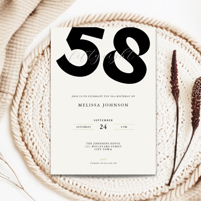 Minimal 58th Birthday Invitation - Bold Typo (Minimal 58th birthday invitation with bold typography for man and woman in black and white)