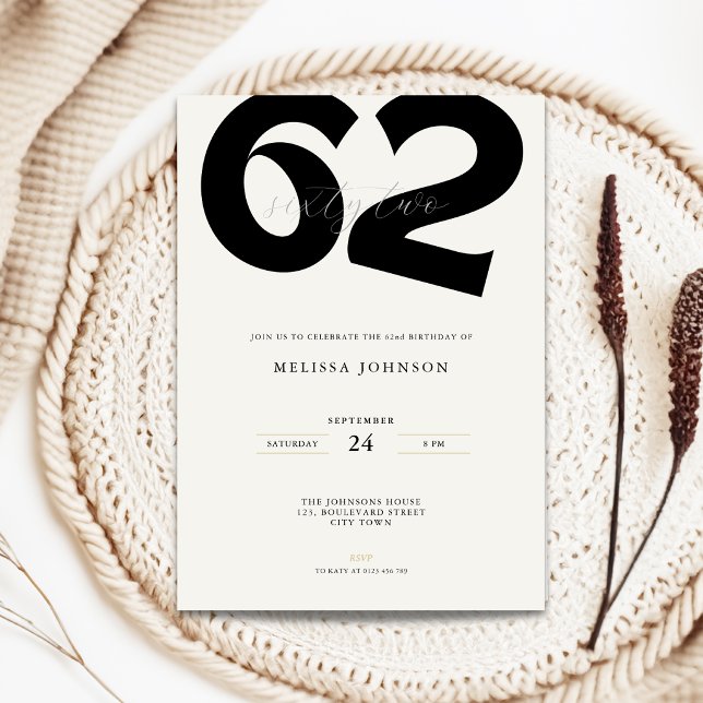Minimal 62nd Birthday Invitation - Bold Typo (Minimal 62nd birthday invitation with bold typography for man and woman in black and white)