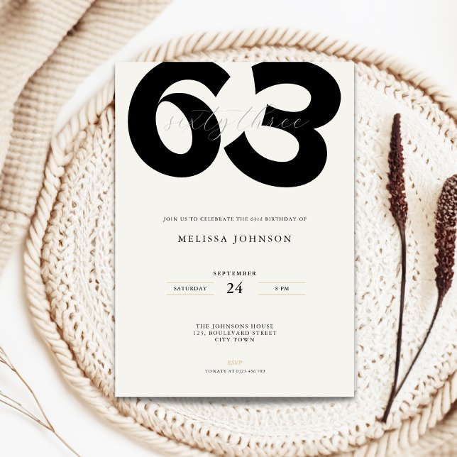 Minimal 63rd Birthday Invitation - Bold Typo (Minimal 63rd birthday invitation with bold typography for man and woman in black and white)
