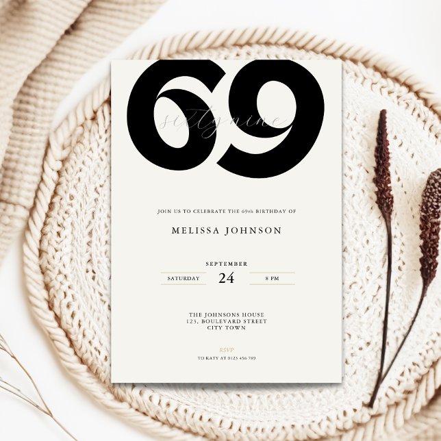 Minimal 69th Birthday Invitation - Bold Typo (Minimal 69th birthday invitation with bold typography for man and woman in black and white)