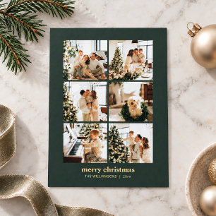 Minimal 6 Photo Collage Merry Christmas Green Gold Foil Holiday Card