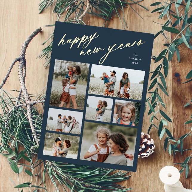 Minimal 7 Photo Collage Script Happy New Year Foil Holiday Card (Elegant Script Happy New Years 7 Photo Collage Foil Holiday Card.)