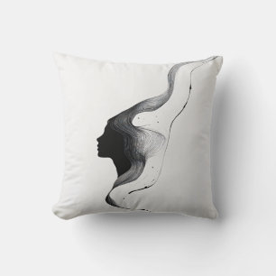 Minimal Abstract Woman Face with Line Art Hair Throw Pillow