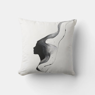 Minimal Abstract Woman Face with Line Art Hair Throw Pillow