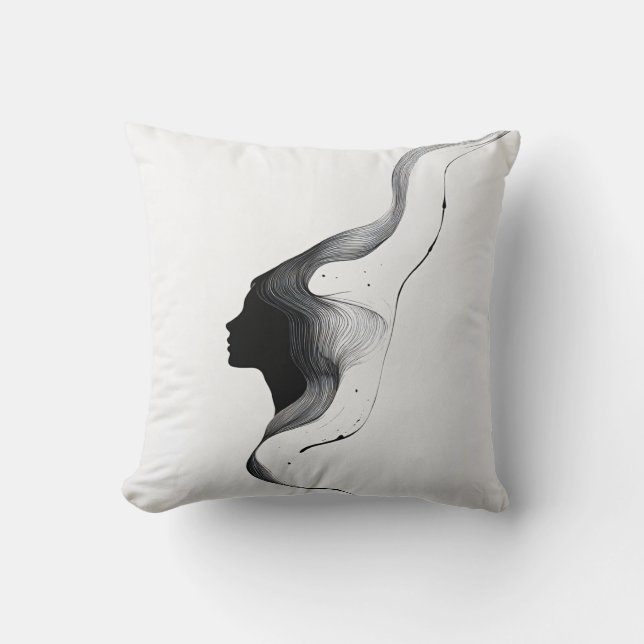 Minimal Abstract Woman Face with Line Art Hair Throw Pillow (Front)
