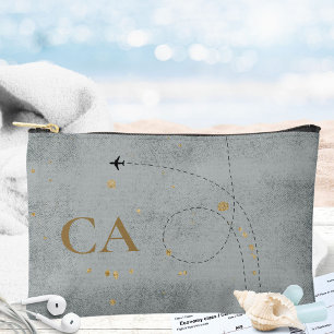 Minimal Airplane Slate Grey Gold Monogram Travel Accessory Pouch