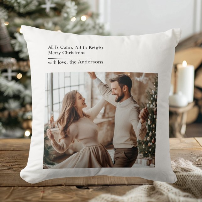 Minimal All Is Calm All Is Bright Christmas Photo  Throw Pillow (Creator Uploaded)