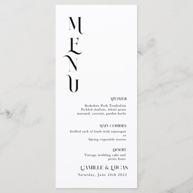 Minimal and chic black and whit Wedding Menu (Front)