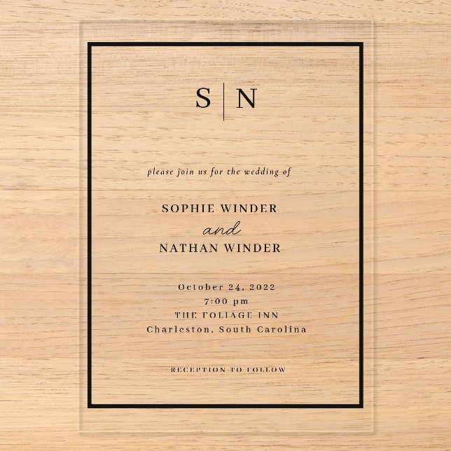 Minimal and Chic | Black and White Wedding Acrylic Invitations (Front)
