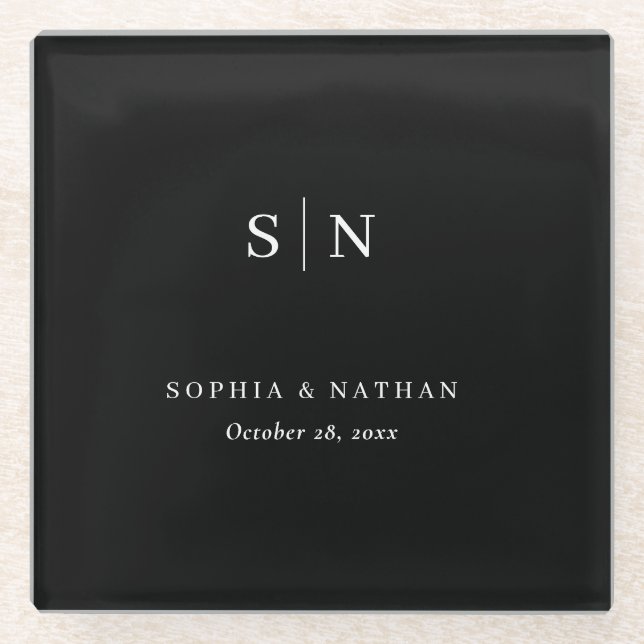 Minimal and Chic | Black and White Wedding Glass Coaster (Front)