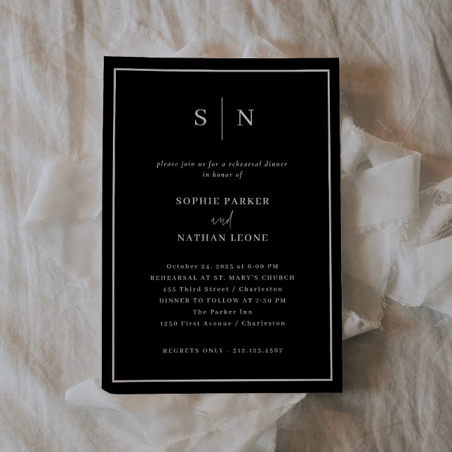 Minimal and Chic Black | Elegant Rehearsal Dinner Invitation (A dark, black, modern and elegant choice for your wedding rehearsal dinner invitation)