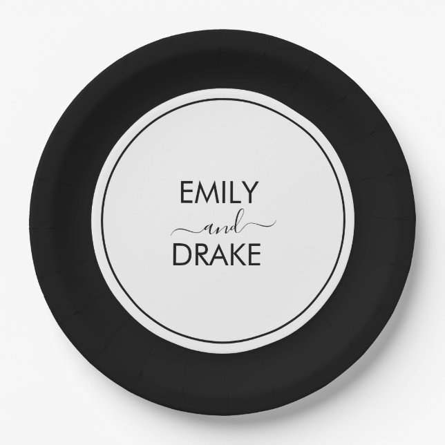 Minimal and Chic Black White Wedding Paper Plate (Front)