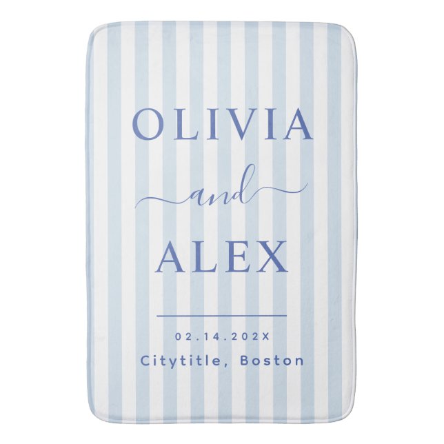 Minimal and Chic Blue French Personalized Wedding Bath Mat (Front Vertical)