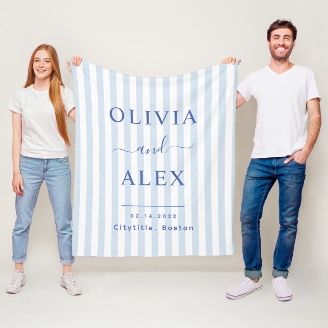 Minimal and Chic Blue French Personalized Wedding Fleece Blanket (In Situ)