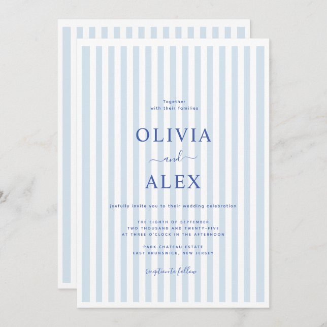Minimal and Chic Blue French Personalized Wedding  Invitation (Front/Back)