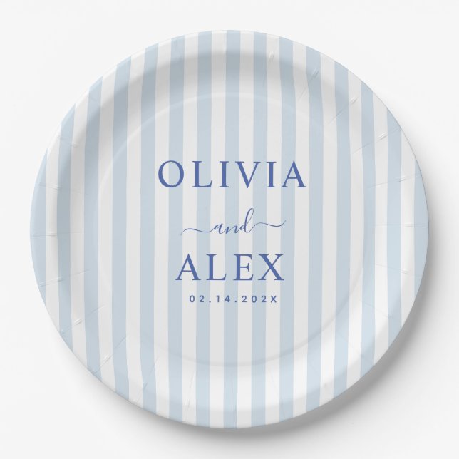 Minimal and Chic Blue French Personalized Wedding  Paper Plate (Front)