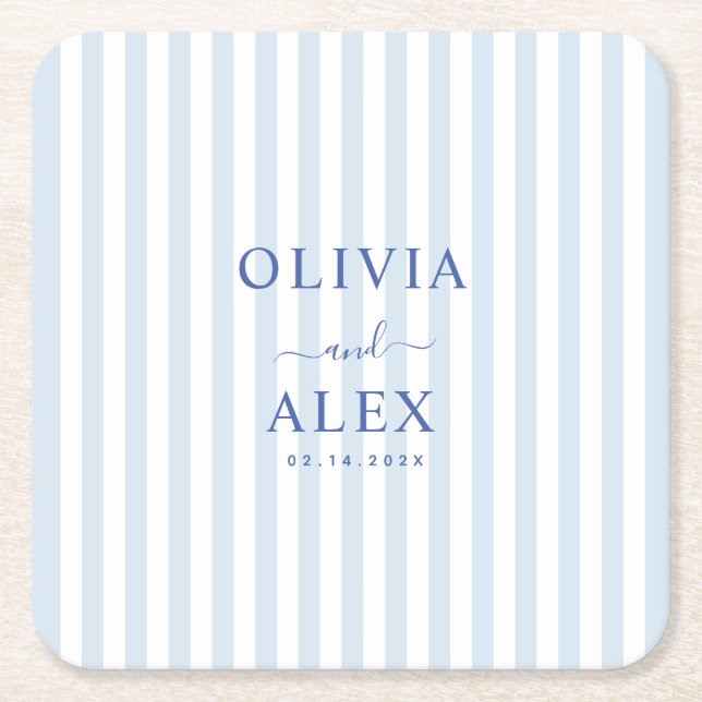 Minimal and Chic Blue French Personalized Wedding  Square Paper Coaster (Front)