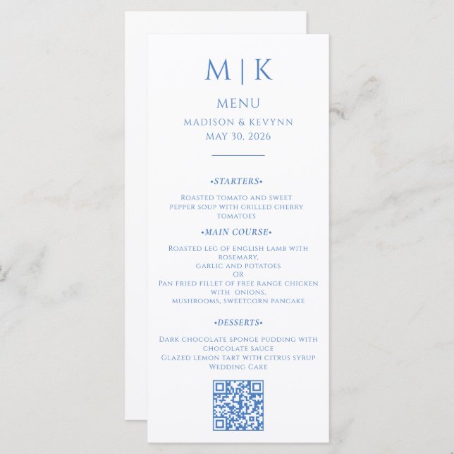 Minimal and Chic | Blue Wedding QR Code Menu (Front/Back)
