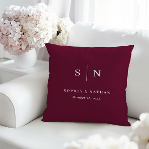 Minimal and Chic Burgundy Wedding Monogram Throw Pillow