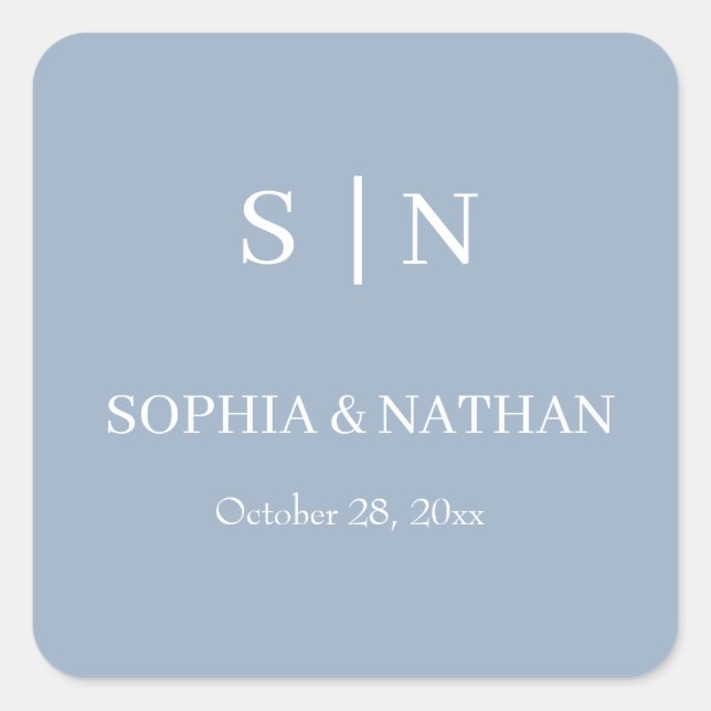 Minimal and Chic | Dusty Blue and White Wedding Square Sticker (Front)