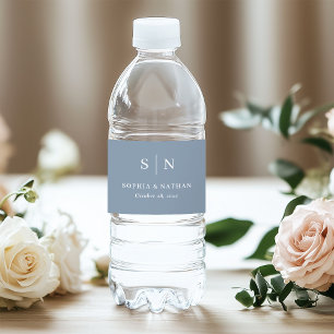 Minimal and Chic Dusty Blue   Monogram Wedding Water Bottle Label
