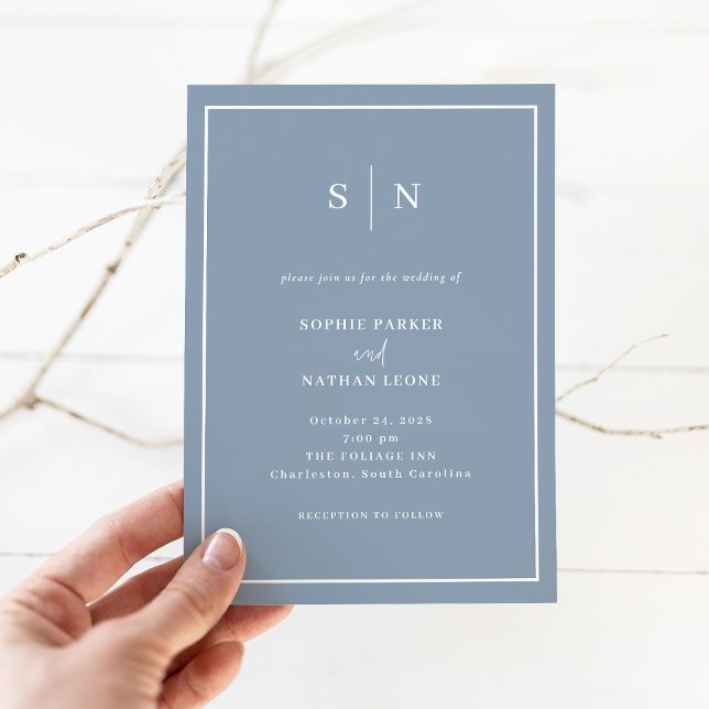 Minimal and Chic | Dusty Blue with Border Wedding Invitation (Creator Uploaded)