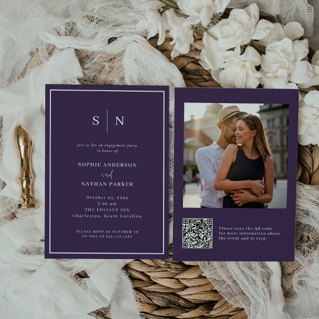 Minimal and Chic | Engagement Party QR Code Photo Invitation (A colorful and modern engagement party invitation in dark purple!)
