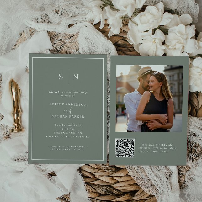 Minimal and Chic | Engagement Party QR Code Photo Invitation (A dreamy engagement party invite in trendy sage green)