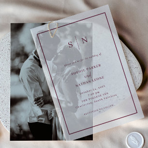 Minimal and Chic Monogram Burgundy Border Wedding Vellum Invitations
