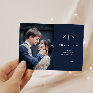 Minimal and Chic Navy Blue Photo Wedding Thank You Postcard